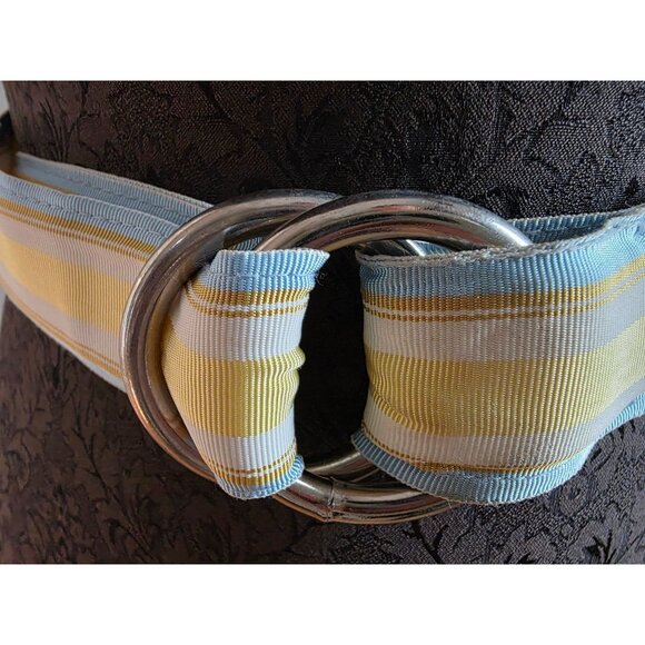 Punch Striped Fabric D-Ring Belt In Blue & Yellow - Picture 2 of 8